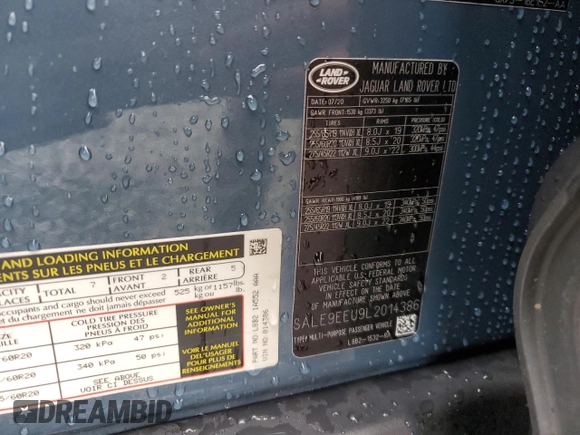 2020 Land Rover Defender HSE with VIN SALE9EEU9L2014386, listed as a Copart auction lot 84062764 with Not provided miles and Salvage title. Bid and sale history available at DreamBid. Image 13.