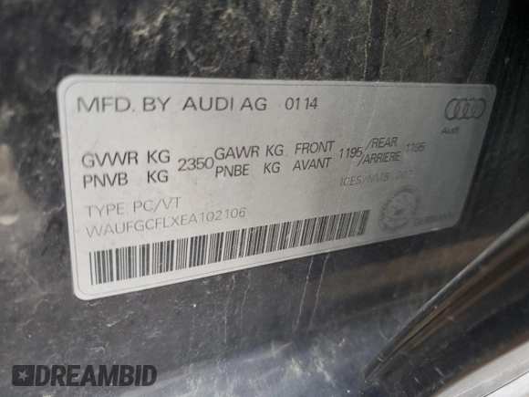 2014 Audi S4 Premium with VIN WAUFGCFLXEA102106, listed as a Copart auction lot 82320554 with 166,788 mi miles and Clean Title. Bid and sale history available at carsss.com. Image 12.