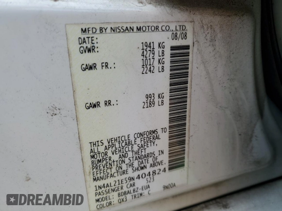 2009 Nissan Altima 2.5 with VIN 1N4AL21E59N404824, listed as a Copart auction lot 51770865 with 127,311 mi miles and Salvage Title. Bid and sale history available at carsss.com. Image 12.