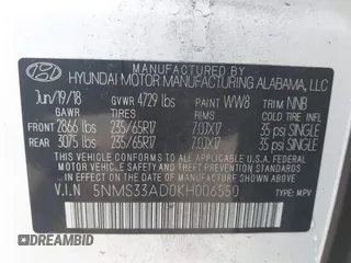2019 Hyundai Santa Fe SEL with VIN 5NMS33AD0KH006550, listed as a IAAI auction lot 41894306 with 80,920 mi miles and . Bid and sale history available at DreamBid. Image 9.