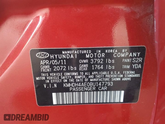 2011 Hyundai Elantra GLS с VIN KMHDH4AE0BU147793, выставлен на аукционе Copart как лот 60506435 с пробегом Не указан миль и Списание • Salvage title. История ставок и продаж доступна на DreamBid. Изображение 13.