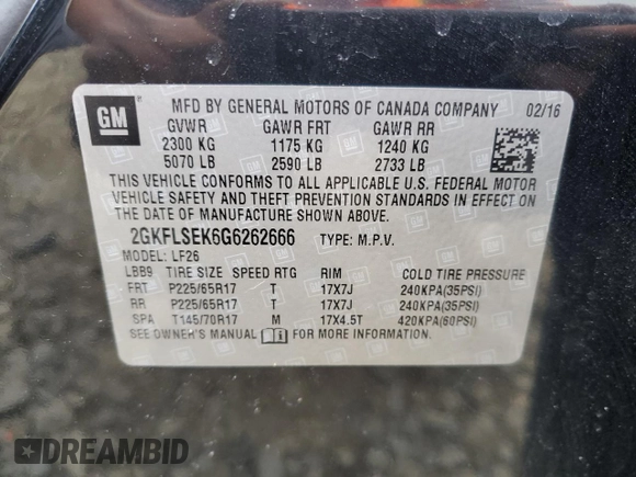 2016 GMC Terrain SLE with VIN 2GKFLSEK6G6262666, listed as a Copart auction lot 50345275 with 93,227 mi miles and Salvage Title. Bid and sale history available at DreamBid. Image 14.