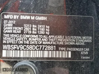 2013 BMW M5 with VIN WBSFV9C58DC772881, listed as a Copart auction lot 48230075 with 0 mi miles and Salvage Title. Bid and sale history available at carsss.com. Image 12.