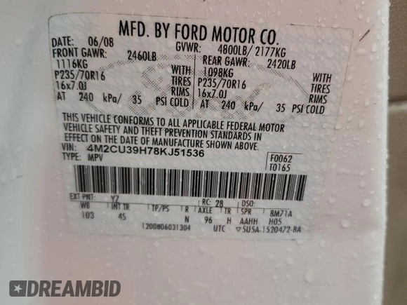 2008 Mercury Mariner with VIN 4M2CU39H78KJ51536, listed as a Copart auction lot 84971454 with 204,954 mi miles and Clean title. Bid and sale history available at DreamBid. Image 13.