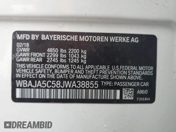 2018 BMW 5 Series 530i with VIN WBAJA5C58JWA38855, listed as a Copart auction lot 47621765 with 94,886 mi miles and Salvage Title. Bid and sale history available at DreamBid. Image 12.