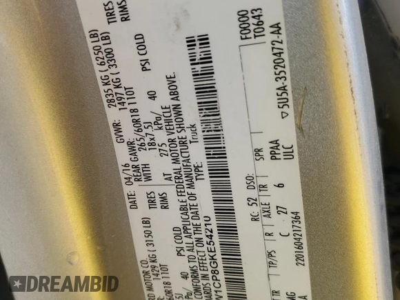 2016 Ford F-150 XL с VIN 1FTEW1CP8GKE54210, выставлен на аукционе Copart как лот 53976795 с пробегом 131 819 миль миль и Списание • Salvage title. История ставок и продаж доступна на DreamBid. Изображение 12.