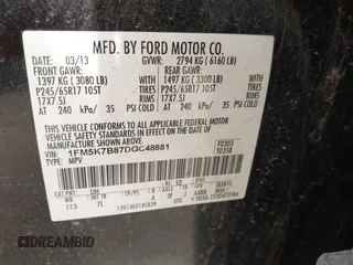2013 Ford Explorer с VIN 1FM5K7B87DGC48881, выставлен на аукционе IAAI как лот 41998835 с пробегом 170 578 миль миль и . История ставок и продаж доступна на DreamBid. Изображение 9.