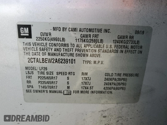 2010 GMC Terrain SLE-1 with VIN 2CTALBEW2A6239101, listed as a Copart auction lot 67800034 with 190,337 mi miles and Salvage Title. Bid and sale history available at DreamBid. Image 13.