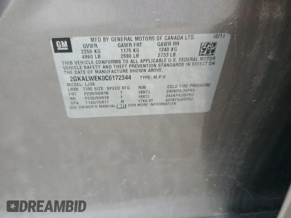 2012 GMC Terrain SLT-2 with VIN 2GKALWEK0C6172344, listed as a Copart auction lot 59610145 with 208,637 mi miles and Salvage title. Bid and sale history available at DreamBid. Image 13.