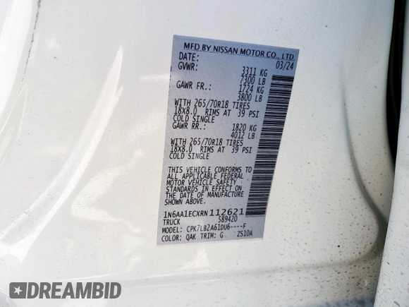 2024 Nissan Titan SV with VIN 1N6AA1ECXRN112621, listed as a Copart auction lot 47755875 with 9,298 mi miles and Salvage title. Bid and sale history available at DreamBid. Image 13.