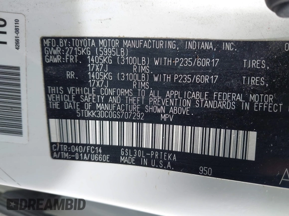 2016 Toyota Sienna LE AAS with VIN 5TDKK3DC0GS707292, listed as a IAAI auction lot 42266246 with 191,527 mi miles and . Bid and sale history available at DreamBid. Image 9.