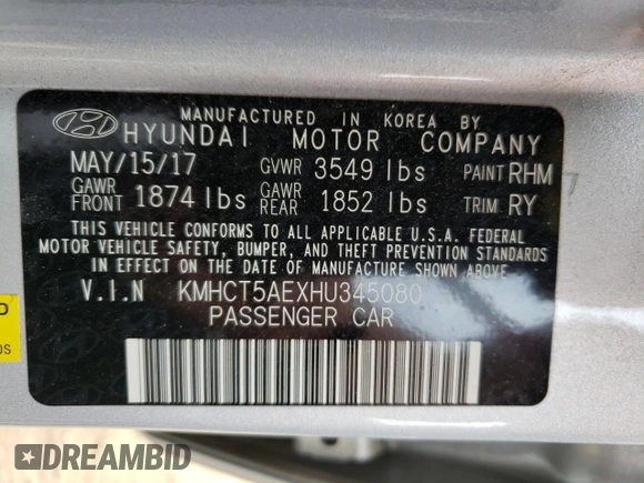 2017 Hyundai Accent SE with VIN KMHCT5AEXHU345080, listed as a Copart auction lot 63706663 with 50,070 mi miles. Bid and sale history available at carsss.com. Image 12.
