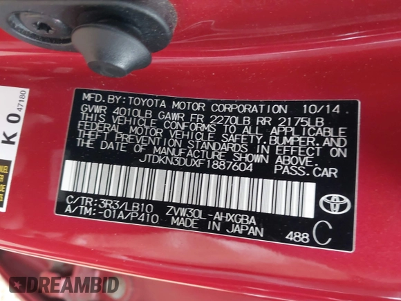 2015 Toyota Prius Four z VIN JTDKN3DUXF1887604, wystawiony jako IAAI lot #42341221 z przebiegiem 123 196 mil mil oraz . Historia ofert i sprzedaży dostępna na DreamBid. Obrazek 9.