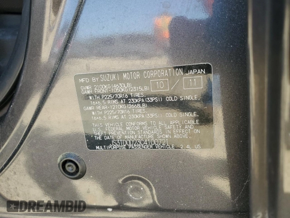 2012 Suzuki Grand Vitara Premium z VIN JS3TD0D23C4100721, wystawiony jako Copart lot #53086955 z przebiegiem 99 951 mil mil oraz Szkoda całkowita • Salvage title. Historia ofert i sprzedaży dostępna na DreamBid. Obrazek 14.