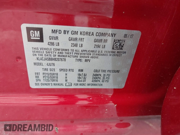 2017 Buick Encore Preferred with VIN KL4CJASB8HB207678, listed as a IAAI auction lot 42213255 with Not provided miles and . Bid and sale history available at DreamBid. Image 9.