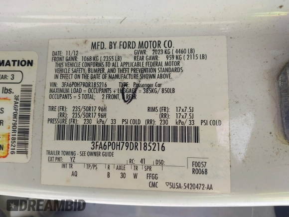2013 Ford Fusion SE with VIN 3FA6P0H79DR185216, listed as a IAAI auction lot 42425938 with Not provided miles and . Bid and sale history available at DreamBid. Image 9.