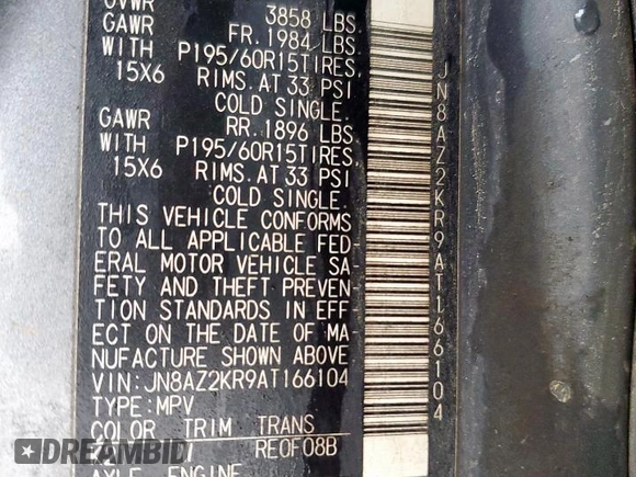 2010 Nissan Cube S z VIN JN8AZ2KR9AT166104, wystawiony jako Copart lot #55290045 z przebiegiem 147 372 mil mil oraz Szkoda całkowita • Salvage title. Historia ofert i sprzedaży dostępna na DreamBid. Obrazek 12.
