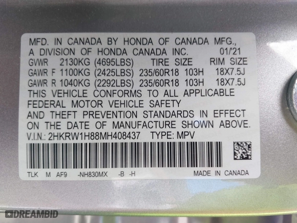 2021 Honda CR-V EX-L with VIN 2HKRW1H88MH408437, listed as a IAAI auction lot 41839784 with 1 mi miles. Bid and sale history available at carsss.com. Image 9.