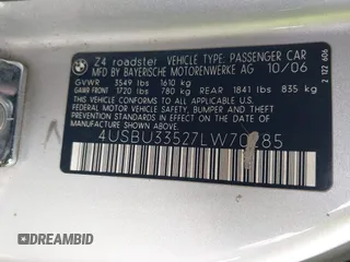 2007 BMW Z4 3.0i z VIN 4USBU33527LW70285, wystawiony jako IAAI lot #42201075 z przebiegiem 116 829 mil mil oraz . Historia ofert i sprzedaży dostępna na DreamBid. Obrazek 9.