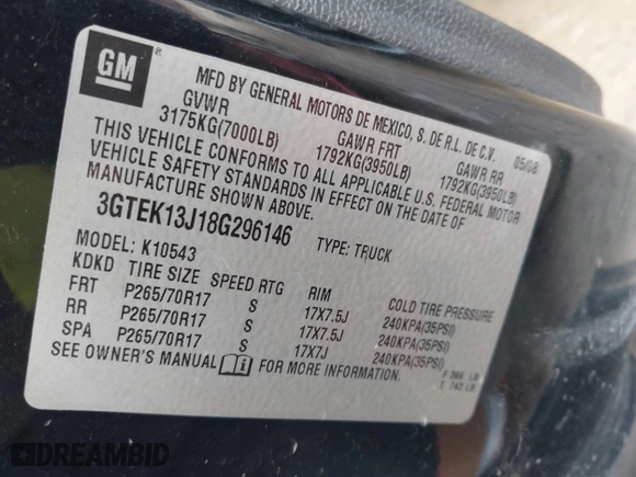 2008 GMC Sierra 1500 SLE1 with VIN 3GTEK13J18G296146, listed as a IAAI auction lot 41517905 with 215,081 mi miles. Bid and sale history available at carsss.com. Image 9.