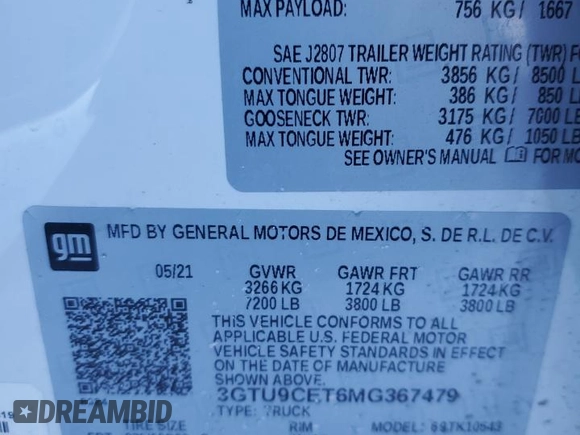 2021 GMC Sierra 1500 Elevation with VIN 3GTU9CET6MG367479, listed as a Copart auction lot 45687305 with 58,807 mi miles and Salvage Title. Bid and sale history available at DreamBid. Image 12.