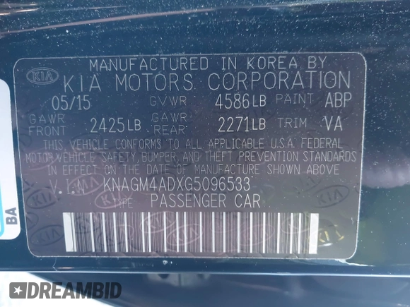 2016 Kia Optima Hybrid with VIN KNAGM4ADXG5096533, listed as a IAAI auction lot 41986694 with 1 mi miles. Bid and sale history available at carsss.com. Image 9.