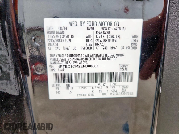 2014 Ford F-150 XL с VIN 1FTEX1CM2EFD08068, выставлен на аукционе Copart как лот 63502095 с пробегом Не указан миль и Списание • Salvage title. История ставок и продаж доступна на DreamBid. Изображение 12.