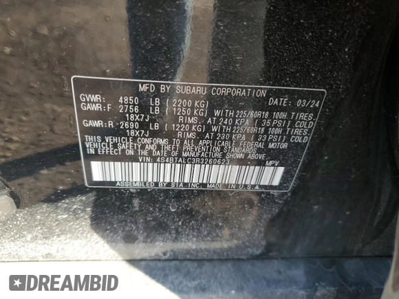2024 Subaru Outback Onyx with VIN 4S4BTALC3R3260623, listed as a Copart auction lot 50547875 with 9,998 mi miles and Salvage title. Bid and sale history available at DreamBid. Image 13.