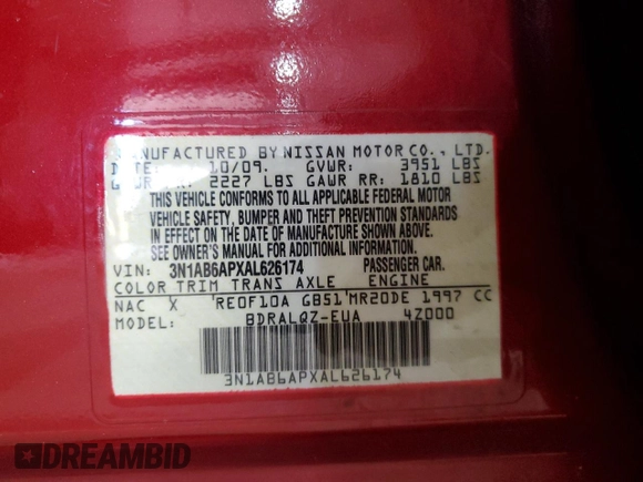 2010 Nissan Sentra S with VIN 3N1AB6APXAL626174, listed as a Copart auction lot 54505205 with 101,040 mi miles and Salvage Title. Bid and sale history available at carsss.com. Image 12.