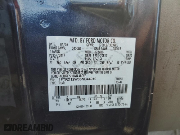 2006 Ford F-150 STX с VIN 1FTRX12W36NB44910, выставлен на аукционе Copart как лот 65961755 с пробегом 165 586 миль миль и Чистый • Clean title. История ставок и продаж доступна на DreamBid. Изображение 12.