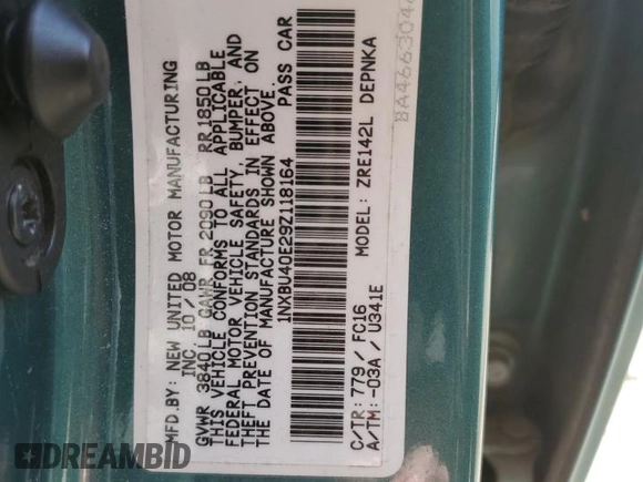 2009 Toyota Corolla with VIN 1NXBU40E29Z118164, listed as a Copart auction lot 52091785 with 117,486 mi miles and Salvage Title. Bid and sale history available at carsss.com. Image 12.
