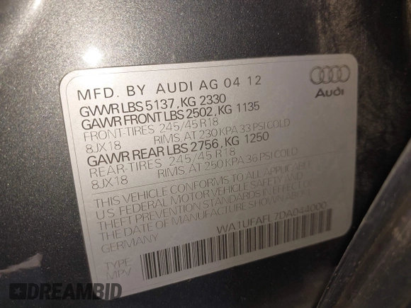 2013 Audi allroad A4 Premium Plus z VIN WA1UFAFL7DA044000, wystawiony jako IAAI lot #42346281 z przebiegiem 107 019 mil mil oraz . Historia ofert i sprzedaży dostępna na DreamBid. Obrazek 9.