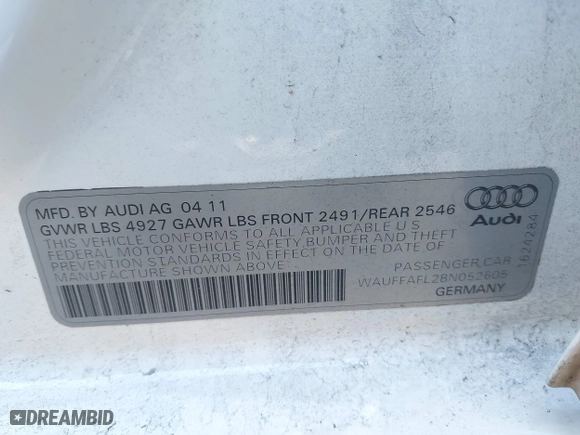 2011 Audi A4 2.0T Premium Plus with VIN WAUFFAFL2BN052605, listed as a IAAI auction lot 40973844 with 120,849 mi miles. Bid and sale history available at carsss.com. Image 9.