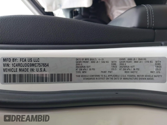 2021 Dodge Durango GT Plus z VIN 1C4RDJDG9MC757654, wystawiony jako IAAI lot #42314584 z przebiegiem 29 879 mil mil oraz . Historia ofert i sprzedaży dostępna na DreamBid. Obrazek 9.