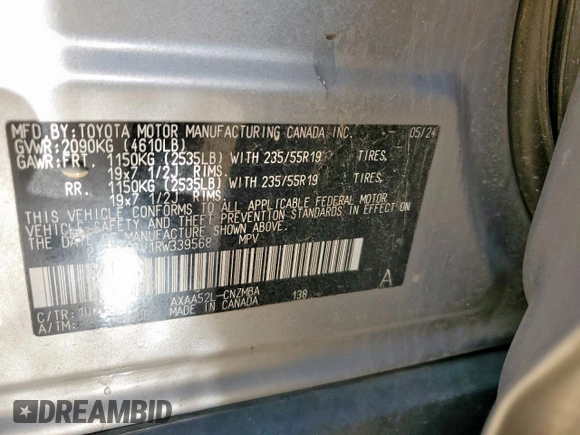 2024 Toyota RAV4 XLE Premium with VIN 2T3C1RFV1RW339568, listed as a Copart auction lot 59615165 with 16,004 mi miles and Salvage title. Bid and sale history available at DreamBid. Image 14.