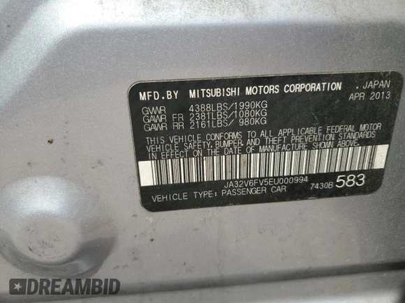 2014 Mitsubishi Lancer Ralliart with VIN JA32V6FV5EU000994, listed as a Copart auction lot 68766704 with 89,276 mi miles and Salvage Title. Bid and sale history available at DreamBid. Image 13.