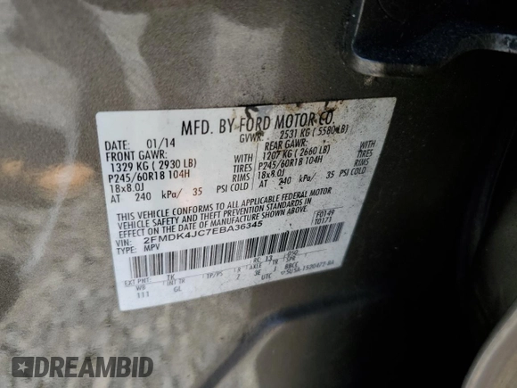 2014 Ford Edge SEL z VIN 2FMDK4JC7EBA36345, wystawiony jako Copart lot #53434145 z przebiegiem 184 955 mil mil oraz Szkoda całkowita • Salvage title. Historia ofert i sprzedaży dostępna na DreamBid. Obrazek 13.