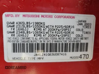 2003 Mitsubishi Outlander XLS z VIN JA4LZ41G63U087416, wystawiony jako Copart lot #43619735 z przebiegiem 239 481 mil mil oraz Szkoda całkowita • Salvage title. Historia ofert i sprzedaży dostępna na DreamBid. Obrazek 13.