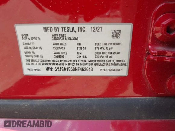 2022 Tesla Model S with VIN 5YJSA1E58NF463643, listed as a IAAI auction lot 41861483 with Not Provided miles and . Bid and sale history available at DreamBid. Image 9.