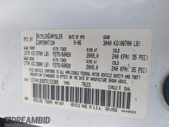 2007 Dodge Ram 1500 SLT with VIN 1D7HA18297S123389, listed as a IAAI auction lot 42043432 with Not Provided miles. Bid and sale history available at carsss.com. Image 9.