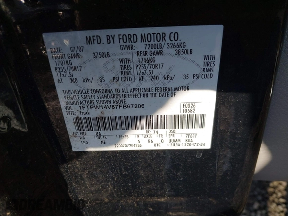 2007 Ford F-150 XLT с VIN 1FTPW14V87FB67206, выставлен на аукционе IAAI как лот 41411186 с пробегом 103 253 миль миль и . История ставок и продаж доступна на DreamBid. Изображение 9.