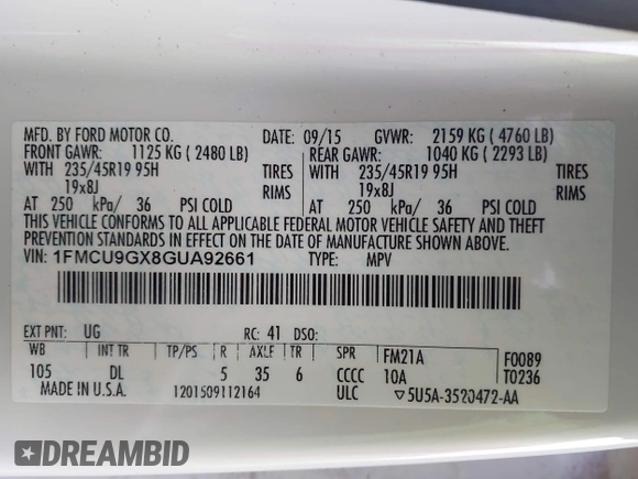 2016 Ford Escape SE z VIN 1FMCU9GX8GUA92661, wystawiony jako IAAI lot #41085877 z przebiegiem 76 632 mil mil oraz . Historia ofert i sprzedaży dostępna na DreamBid. Obrazek 9.