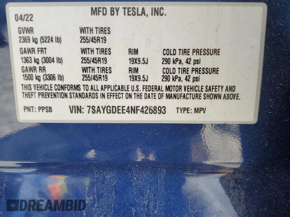 2022 Tesla Model Y Long Range z VIN 7SAYGDEE4NF426893, wystawiony jako Copart lot #55809275 z przebiegiem 16 083 mil mil oraz Szkoda całkowita • Salvage title. Historia ofert i sprzedaży dostępna na DreamBid. Obrazek 13.
