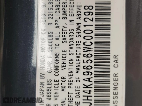 1998 Acura RL Premium with VIN JH4KA9656WC001298, listed as a Copart auction lot 73740154 with 108,066 mi miles and Salvage Title. Bid and sale history available at carsss.com. Image 13.