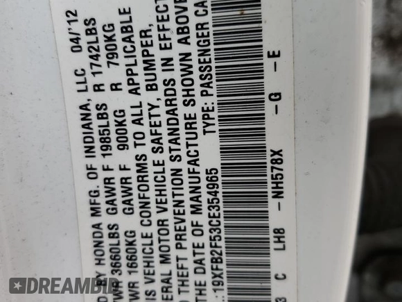 2012 Honda Civic LX z VIN 19XFB2F53CE354965, wystawiony jako Copart lot #59397555 z przebiegiem 181 610 mil mil oraz Szkoda całkowita • Salvage title. Historia ofert i sprzedaży dostępna na DreamBid. Obrazek 12.