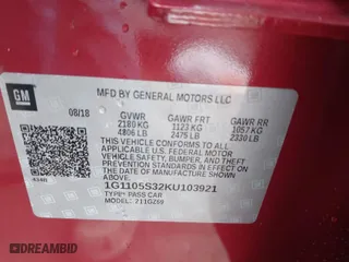 2019 Chevrolet Impala Premier with VIN 1G1105S32KU103921, listed as a IAAI auction lot 41497349 with 26,100 mi miles. Bid and sale history available at carsss.com. Image 9.