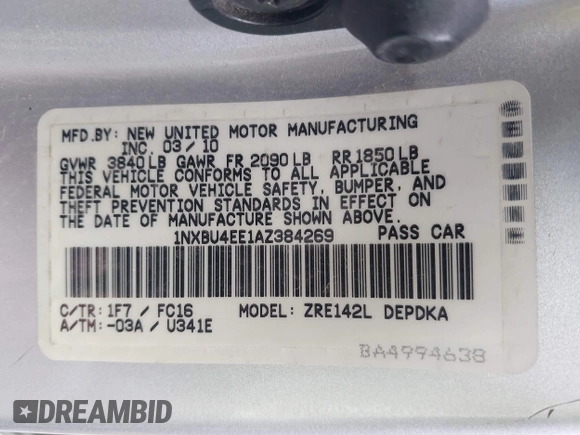 2010 Toyota Corolla with VIN 1NXBU4EE1AZ384269, listed as a IAAI auction lot 41175133 with 155,096 mi miles and . Bid and sale history available at DreamBid. Image 9.