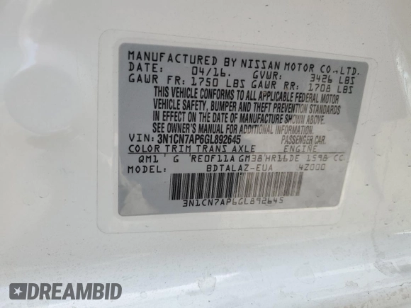 2016 Nissan Versa S Plus with VIN 3N1CN7AP6GL892645, listed as a Copart auction lot 47770705 with 35,647 mi miles and Salvage Title. Bid and sale history available at DreamBid. Image 15.