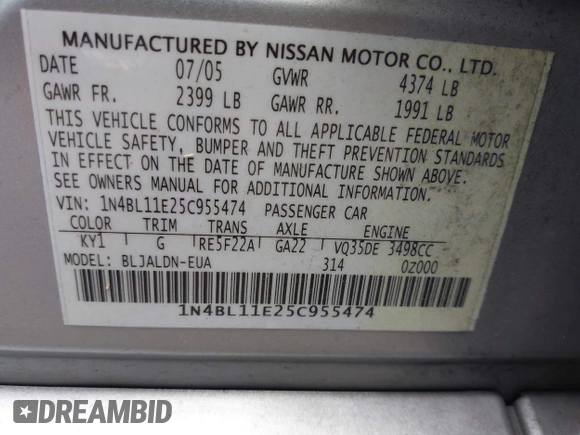 2005 Nissan Altima SE с VIN 1N4BL11E25C955474, выставлен на аукционе IAAI как лот 42346514 с пробегом 161 597 миль миль и . История ставок и продаж доступна на DreamBid. Изображение 9.