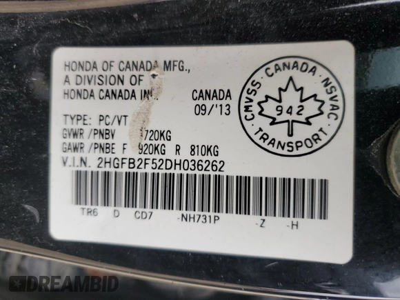 2013 Honda Civic LX with VIN 2HGFB2F52DH036262, listed as a Copart auction lot 46416555 with 285,113 mi miles and Clean Title. Bid and sale history available at DreamBid. Image 12.